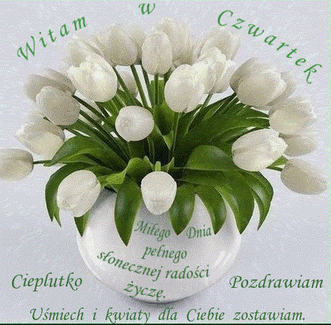 Białe tulipany w wazonie z życzeniami na czwartek